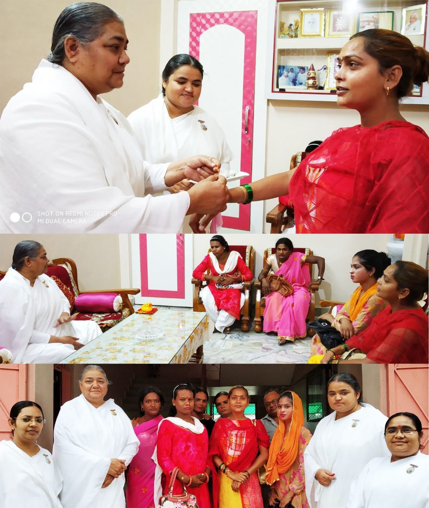 The group of Trans visited to Brahmakumaris Center and BK Shailja tying Rakhi to Guru Neetu, Chandani, Khushbu, Naino and Hamida. Bk Sisters given a Godly message with practicing Meditation.