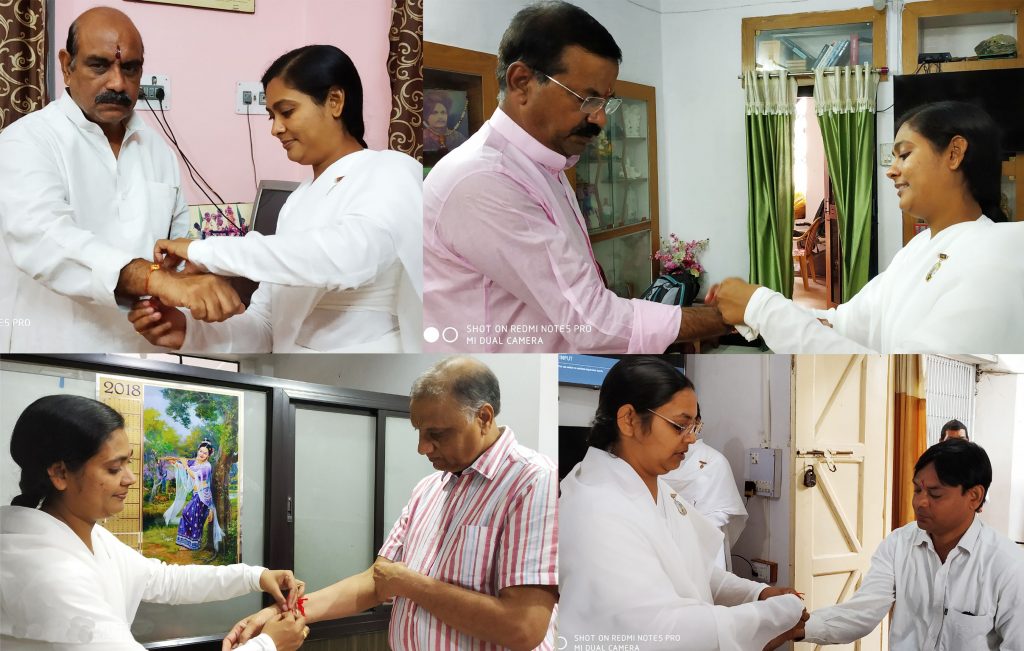 Brahmakumari sisters tying Rakhi to Former MLA Umesh Shukla, Former MP Jeetendra Singh Bundela, Dr. H.P. Agrawal and District Legal Officer Veerendra Khare.